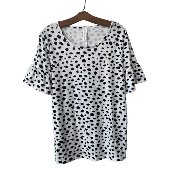 Tickled teal Tops - Tickled Teal Polka Dot Blouse Women S Dalmatian Ruffle Sleeve White Animal Print